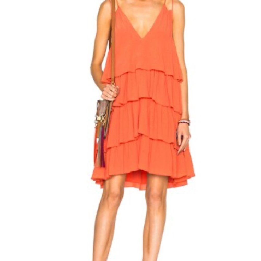 Anthropologie Apiece Apart 100% Silk Ruffled
Tiered Mini Dress Summer Top Coral - Picture 8 of 9